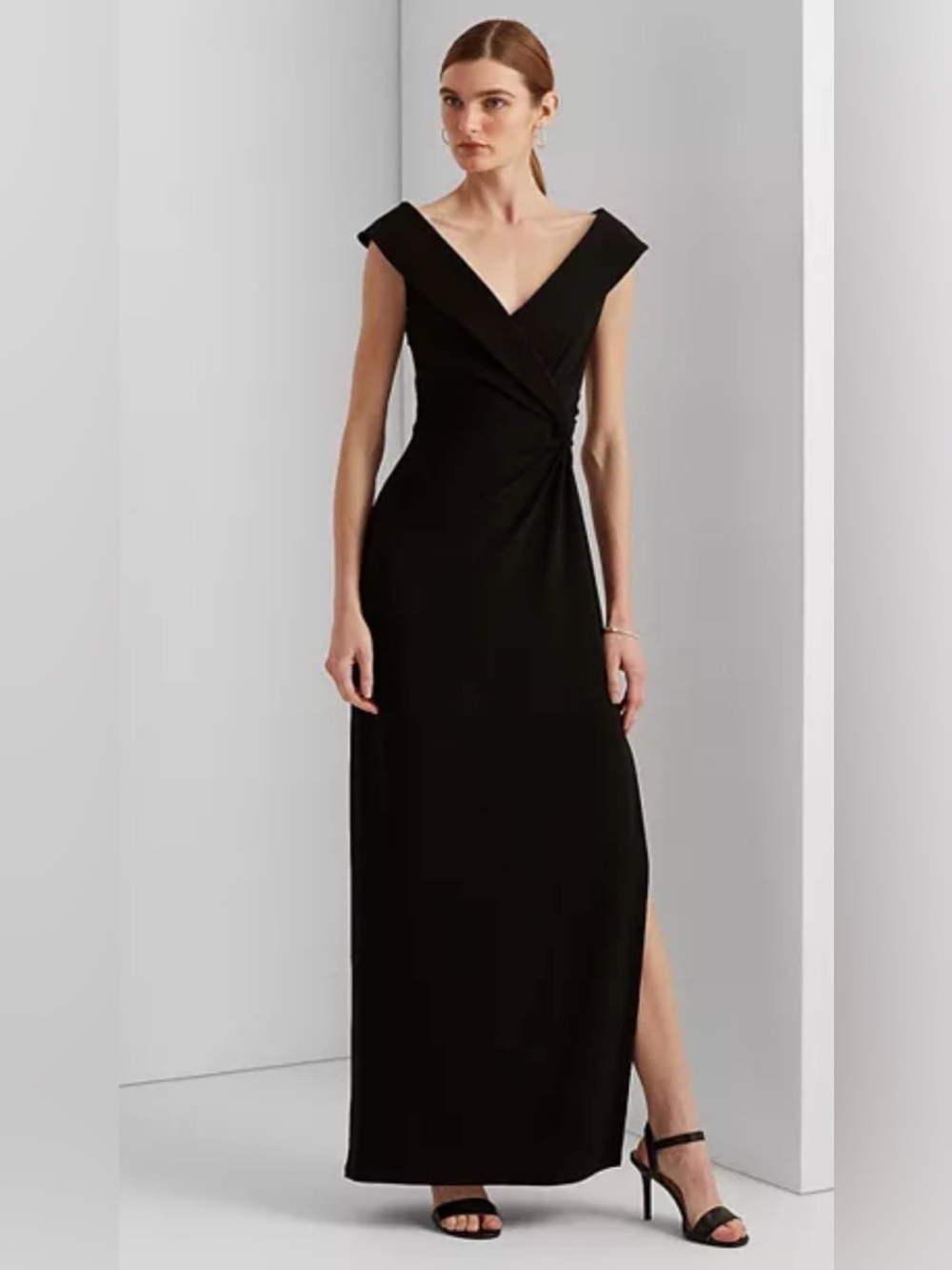 Lauren Ralph Lauren Jersey V-Neck Column Gown Plus Size 18 Black Dress Formal